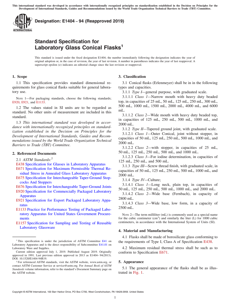 ASTM E1404-94(2019) - Standard Specification for  Laboratory Glass Conical Flasks