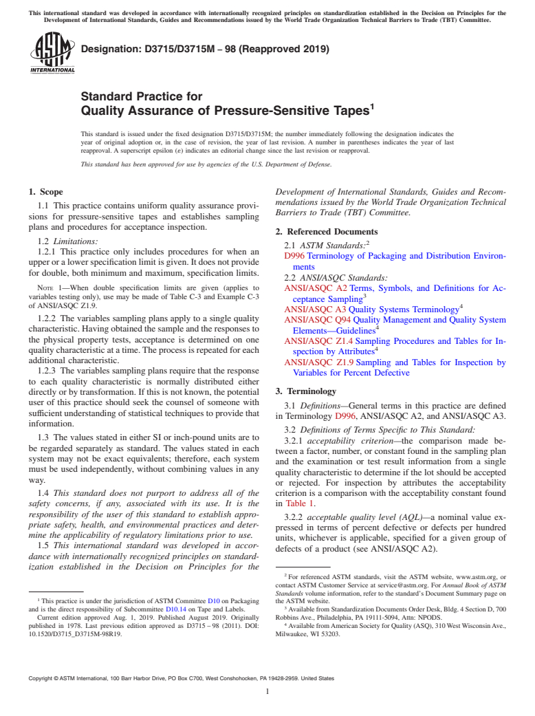 ASTM D3715/D3715M-98(2019) - Standard Practice for  Quality Assurance of Pressure-Sensitive Tapes