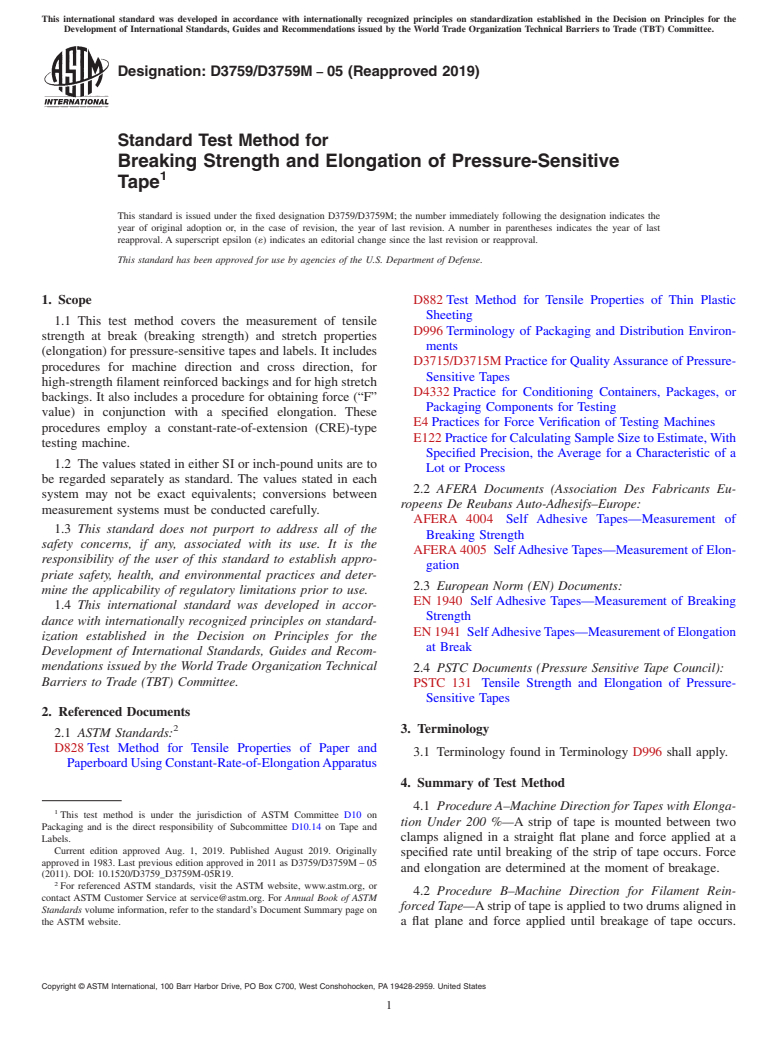 ASTM D3759/D3759M-05(2019) - Standard Test Method for Breaking Strength and Elongation of Pressure-Sensitive Tape