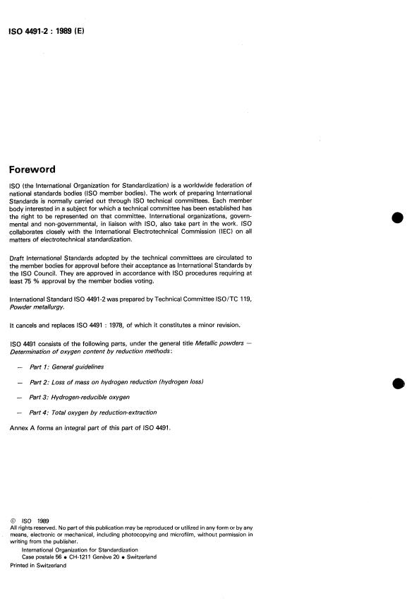 ISO 4491-2:1989 ISO 4491-2:1989 - Metallic powders -- Determination of oxygen content by reduction methods - Page 2 preview
