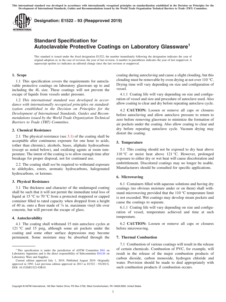 ASTM E1522-93(2019) - Standard Specification for  Autoclavable Protective Coatings on Laboratory Glassware