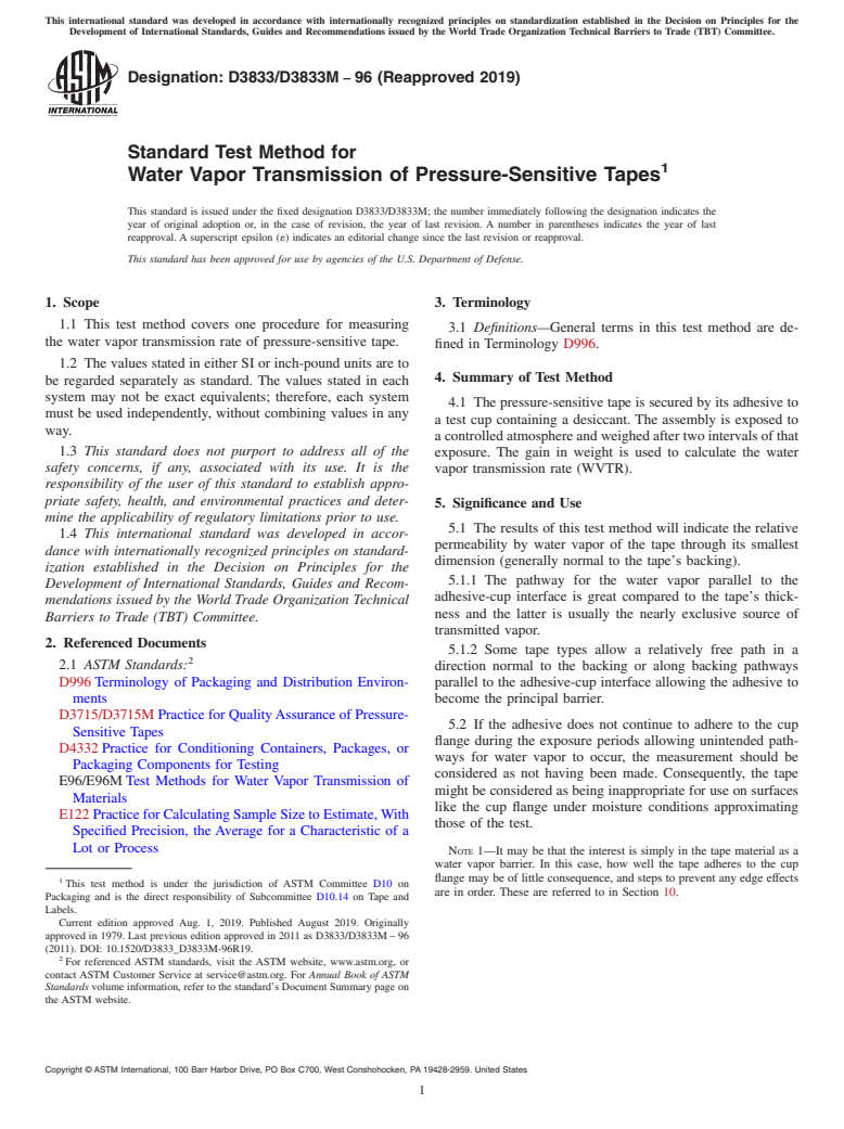 ASTM D3833/D3833M-96(2019) - Standard Test Method for  Water Vapor Transmission of Pressure-Sensitive Tapes
