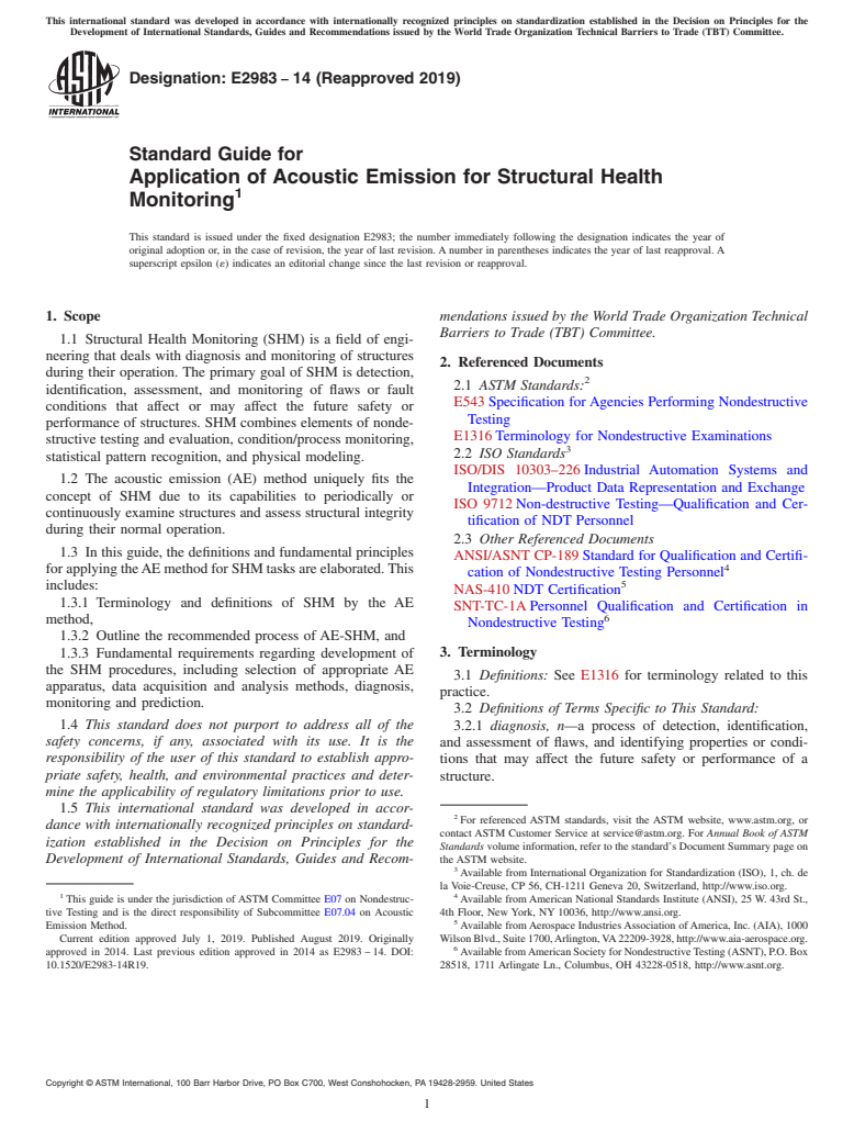 ASTM E2983-14(2019) - Standard Guide for  Application of Acoustic Emission for Structural Health Monitoring