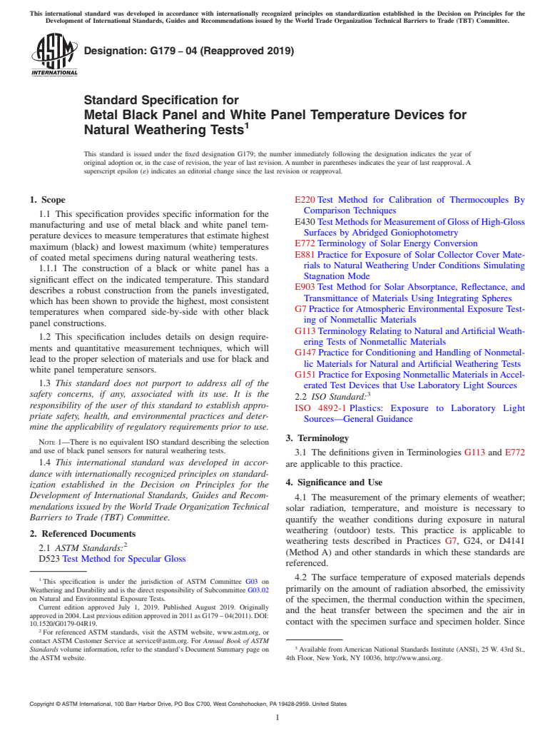 ASTM G179-04(2019) - Standard Specification for  Metal Black Panel and White Panel Temperature Devices for Natural  Weathering Tests