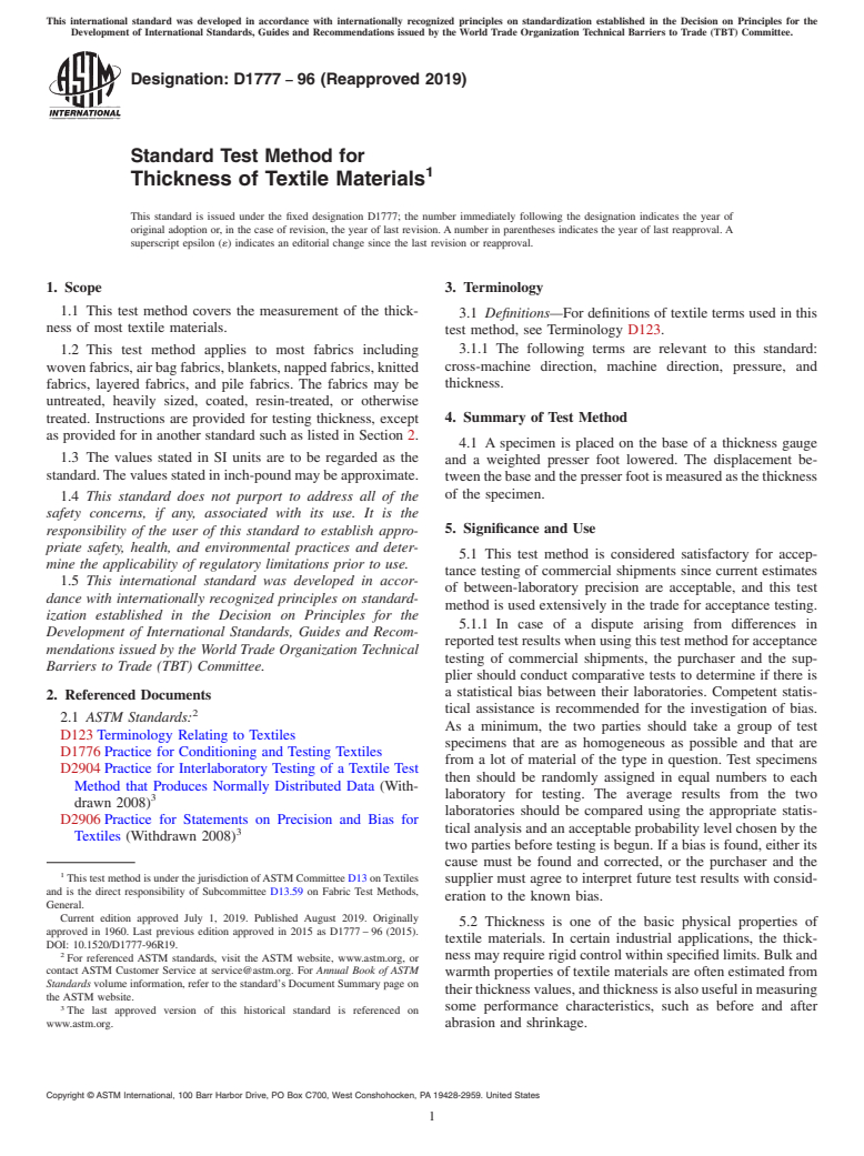 ASTM D1777-96(2019) - Standard Test Method for  Thickness of Textile Materials