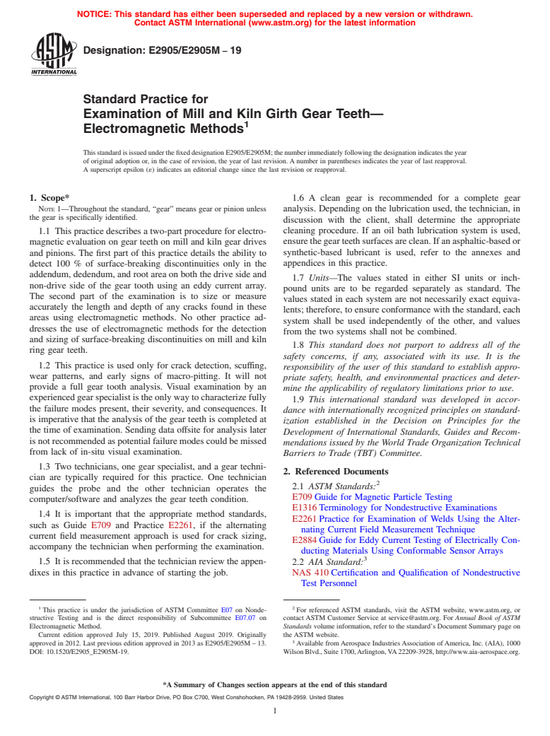 ASTM E2905/E2905M-19 - Standard Practice for Examination of Mill and Kiln Girth Gear Teeth&#x2014;Electromagnetic  Methods