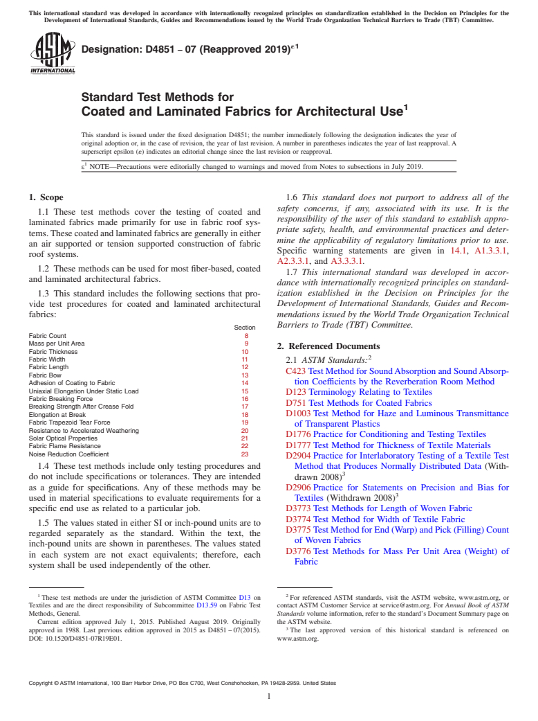 ASTM D4851-07(2019)e1 - Standard Test Methods for  Coated and Laminated Fabrics for Architectural Use