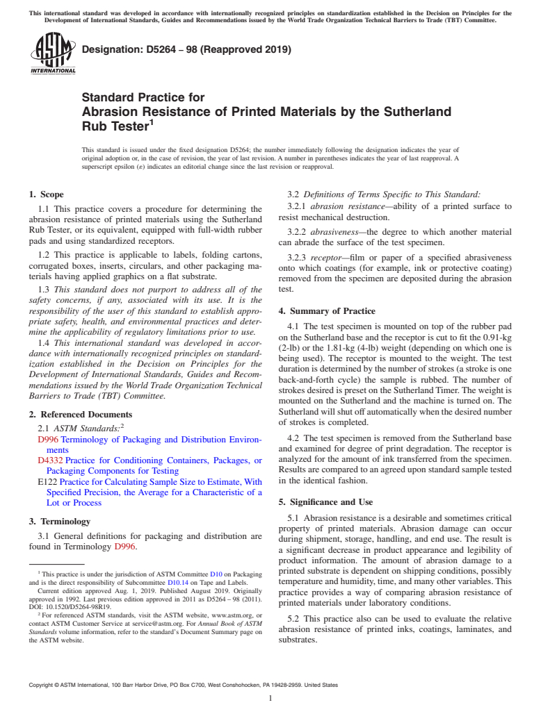 ASTM D5264-98(2019) - Standard Practice for  Abrasion Resistance of Printed Materials by the Sutherland   Rub Tester