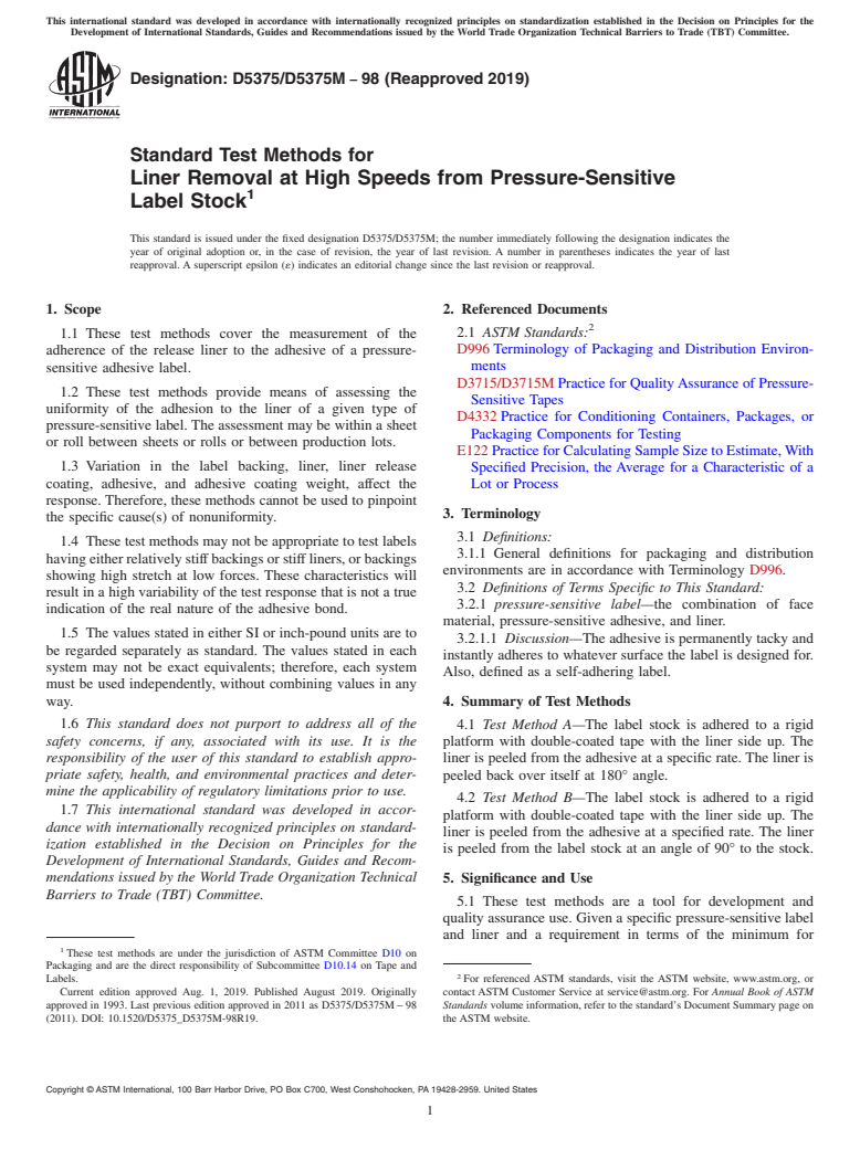 ASTM D5375/D5375M-98(2019) - Standard Test Methods for  Liner Removal at High Speeds from Pressure-Sensitive Label   Stock