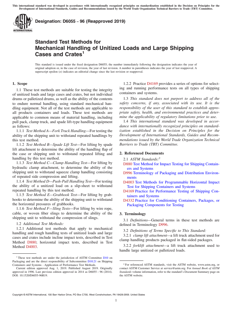 ASTM D6055-96(2019) - Standard Test Methods for  Mechanical Handling of Unitized Loads and Large Shipping Cases  and Crates