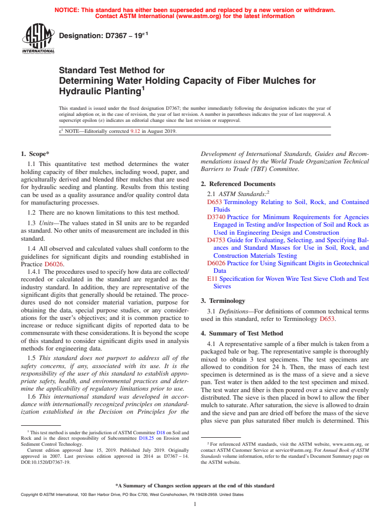ASTM D7367-19e1 - Standard Test Method for  Determining Water Holding Capacity of Fiber Mulches for Hydraulic  Planting
