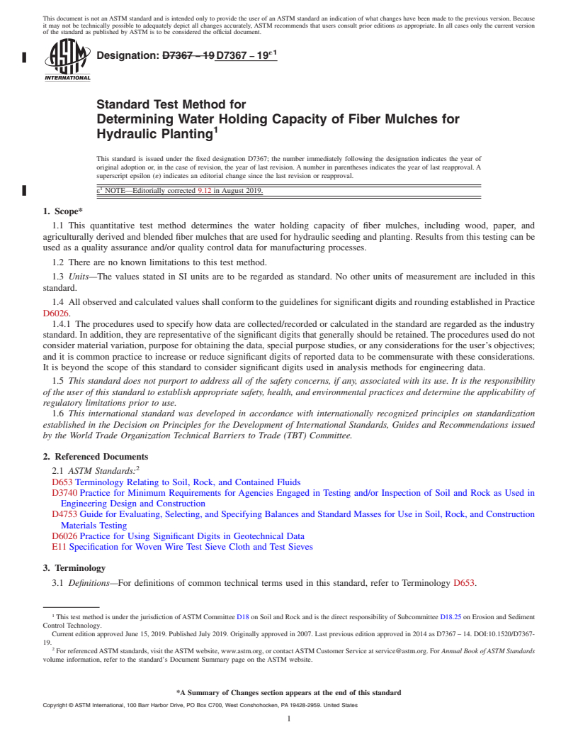 REDLINE ASTM D7367-19e1 - Standard Test Method for  Determining Water Holding Capacity of Fiber Mulches for Hydraulic  Planting