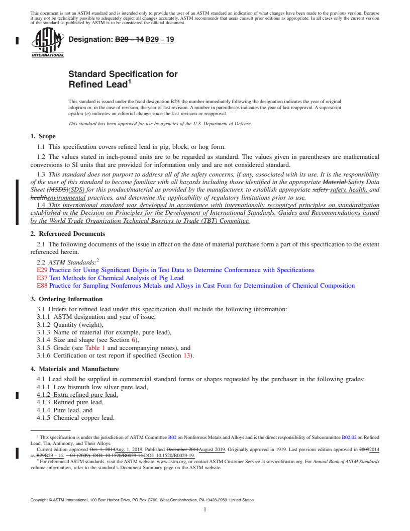 REDLINE ASTM B29-19 - Standard Specification for Refined Lead