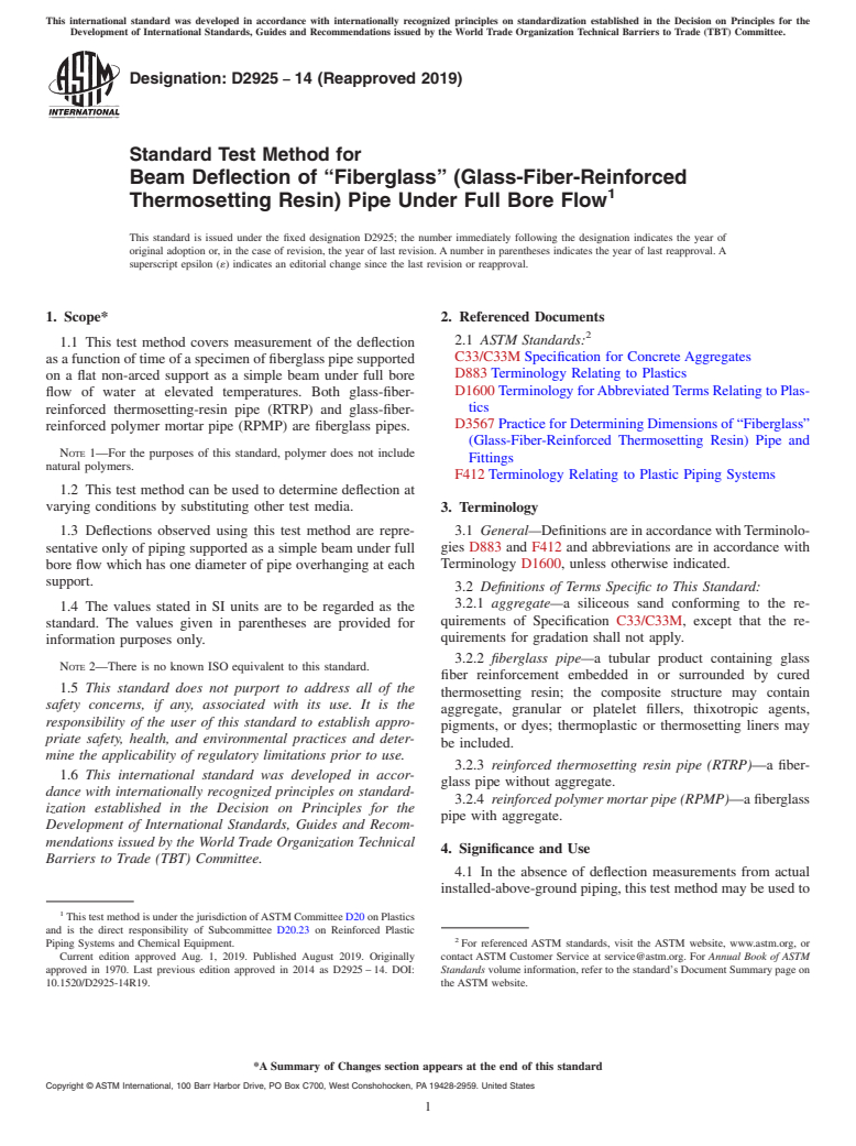 ASTM D2925-14(2019) - Standard Test Method for  Beam Deflection of &#x201c;Fiberglass&#x201d; (Glass-Fiber-Reinforced  Thermosetting Resin) Pipe Under Full Bore Flow