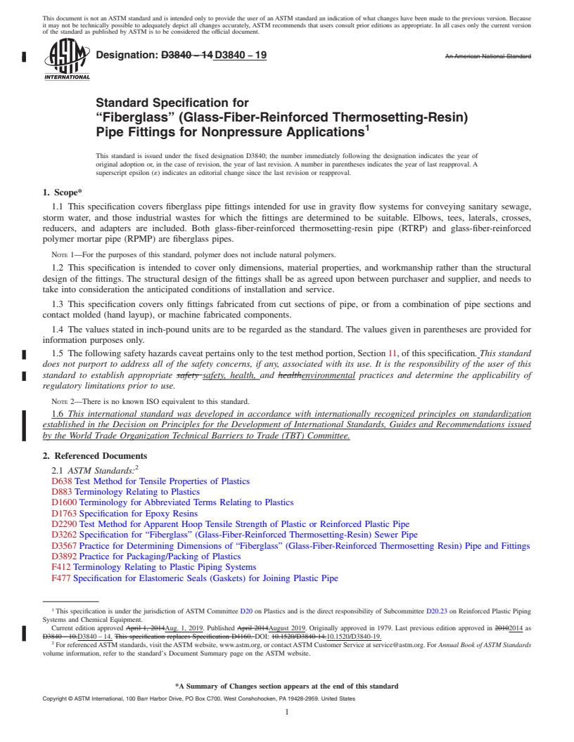 REDLINE ASTM D3840-19 - Standard Specification for  &#x201c;Fiberglass&#x201d; (Glass-Fiber-Reinforced Thermosetting-Resin)  Pipe Fittings for Nonpressure Applications