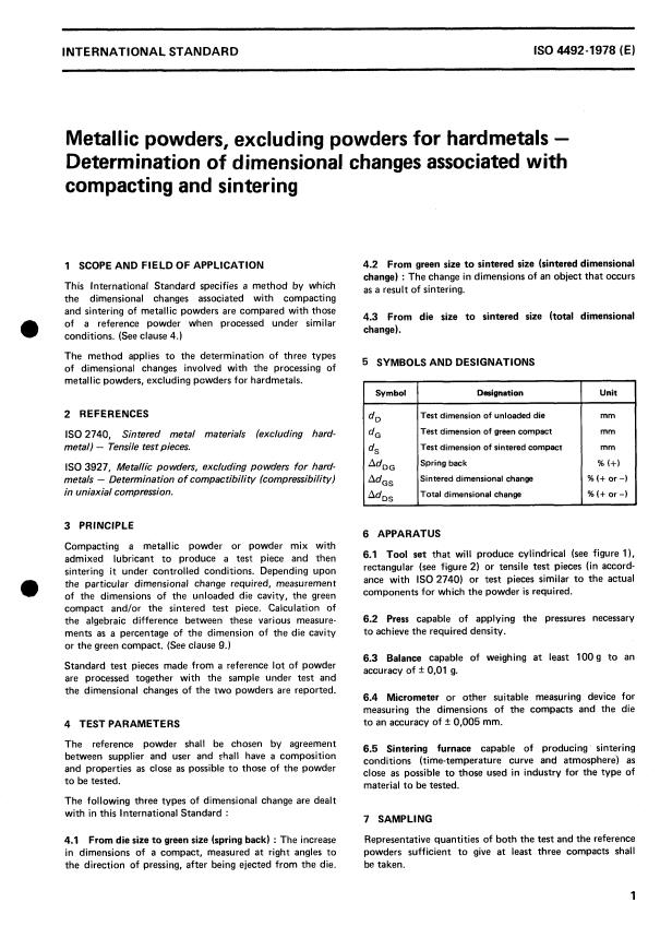 ISO 4492:1978 - Metallic powders, excluding powders for hardmetals -- Determination of dimensional changes associated with compacting and sintering