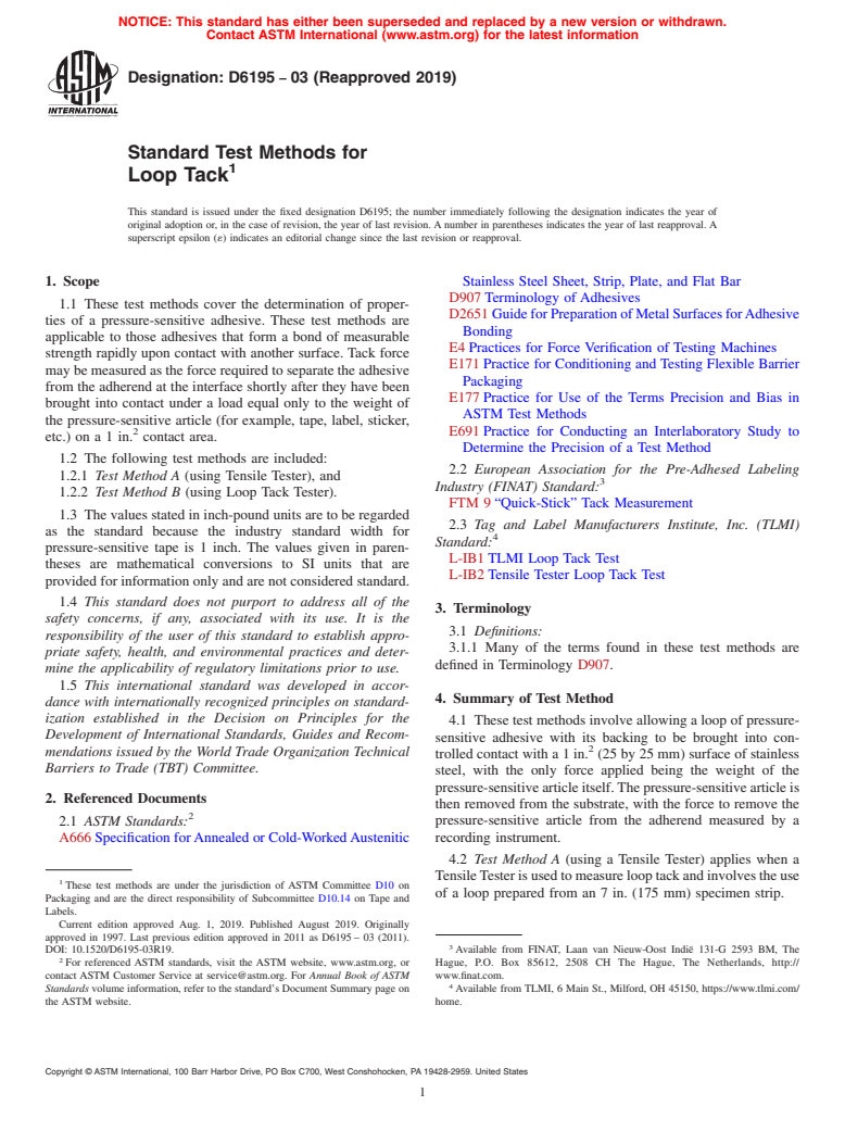 ASTM D6195-03(2019) - Standard Test Methods for Loop Tack