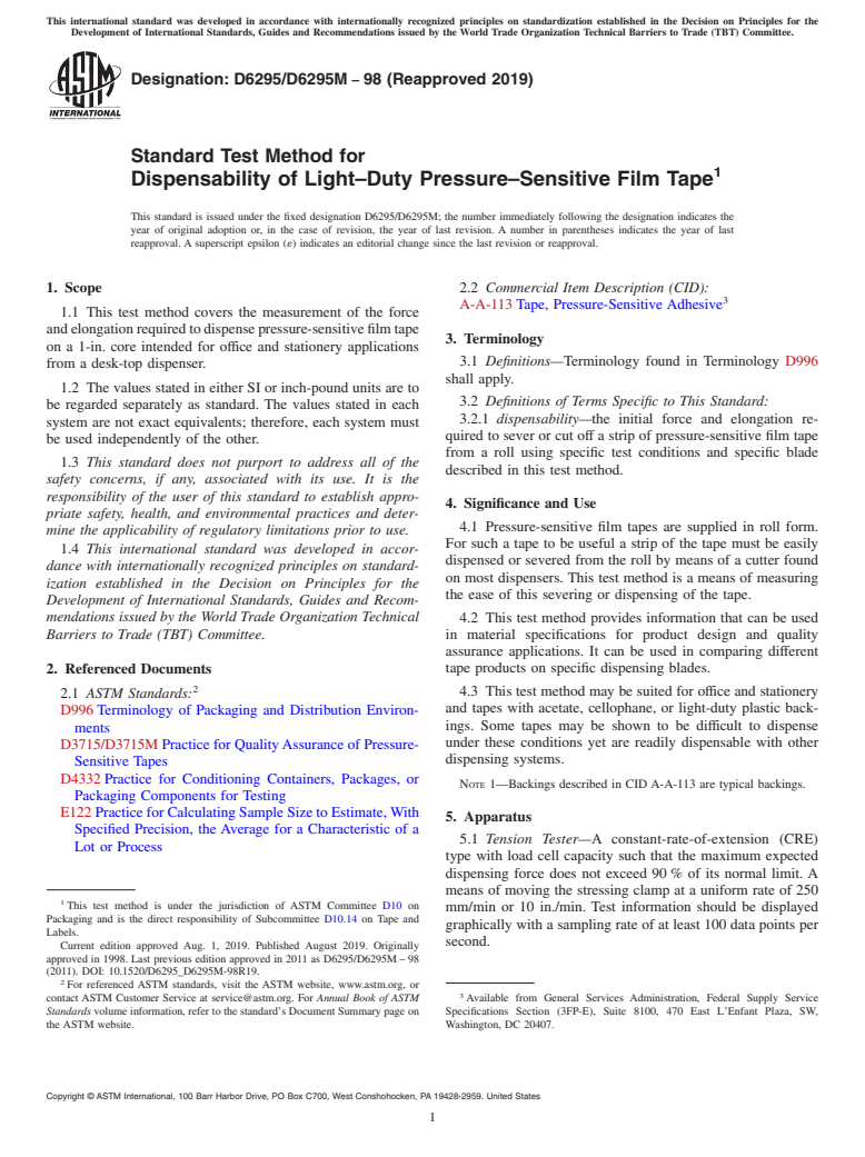 ASTM D6295/D6295M-98(2019) - Standard Test Method for  Dispensability of Light&#x2013;Duty Pressure&#x2013;Sensitive   Film Tape