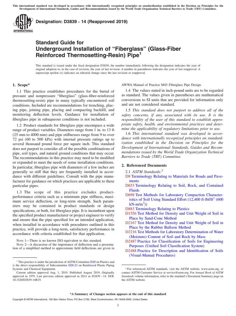 ASTM D3839-14(2019) - Standard Guide for Underground Installation of &#x201c;Fiberglass&#x201d; (Glass-Fiber  Reinforced Thermosetting-Resin) Pipe