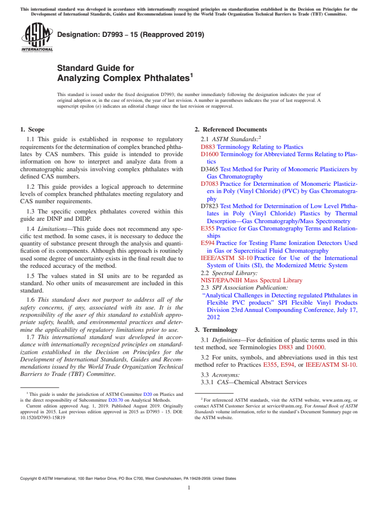 ASTM D7993-15(2019) - Standard Guide for Analyzing Complex Phthalates