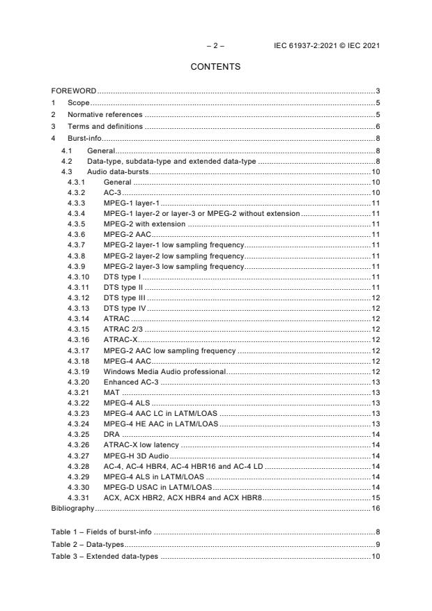 IEC 61937-2:2021 IEC 61937-2:2021 - Digital audio - Interface for non-linear PCM encoded audio bitstreams applying IEC 60958 - Part 2: Burst-info - Page 4 preview