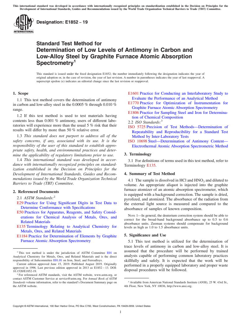 ASTM E1852-19 - Standard Test Method for  Determination of Low Levels of Antimony in Carbon and Low-Alloy  Steel   by Graphite Furnace Atomic Absorption Spectrometry