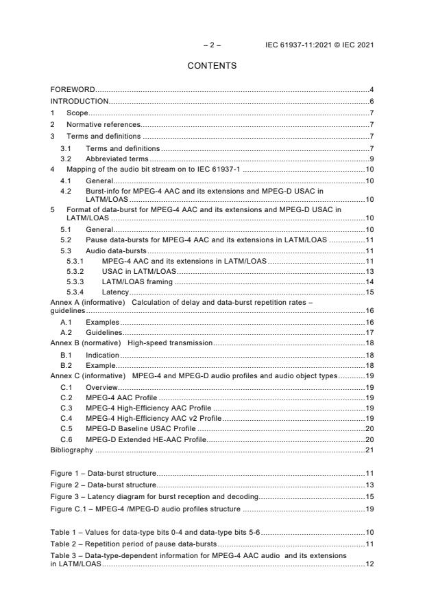 IEC 61937-11:2021 IEC 61937-11:2021 - Digital audio - Interface for non-linear PCM encoded audio bitstreams applying IEC 60958 - Part 11: MPEG-4 AAC and its extensions and MPEG-D USAC in LATM/LOAS - Page 4 preview