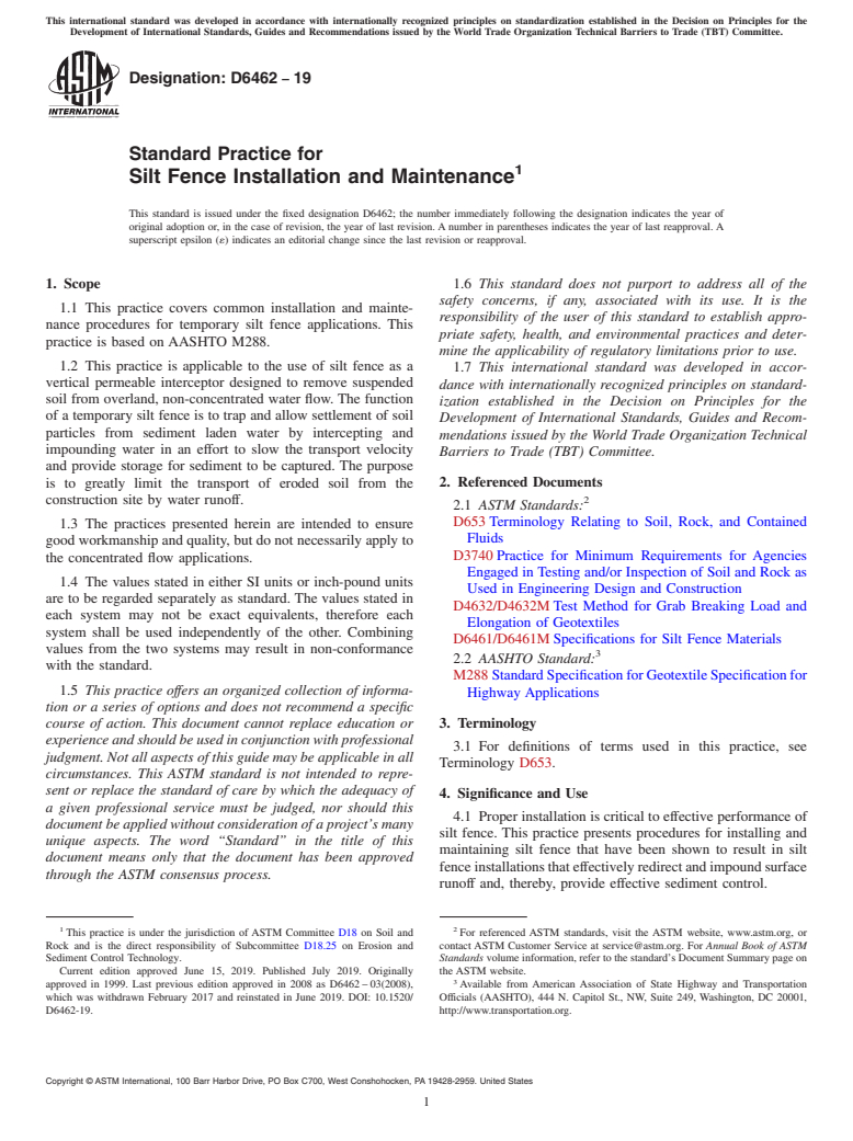 ASTM D6462-19 - Standard Practice for Silt Fence Installation and Maintenance