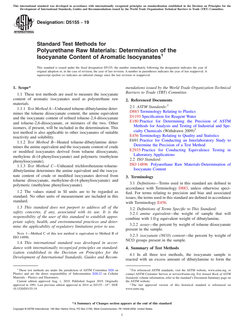 ASTM D5155-19 - Standard Test Methods for Polyurethane Raw Materials: Determination of the Isocyanate  Content of Aromatic Isocyanates