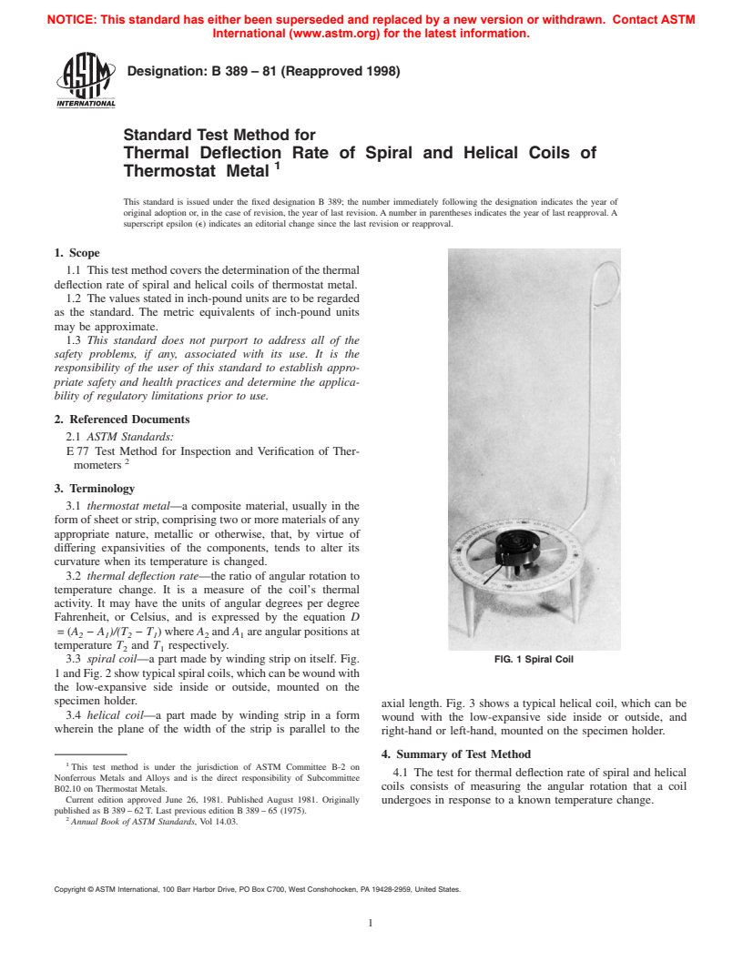 ASTM B389-81(1998) - Standard Test Method for Thermal Deflection Rate of Spiral and Helical Coils of Thermostat Metal