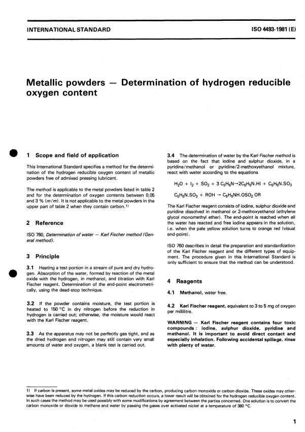ISO 4493:1981 - Metallic powders -- Determination of hydrogen reducible oxygen content