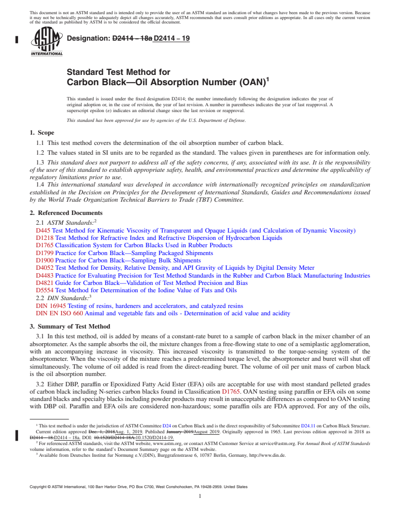 REDLINE ASTM D2414-19 - Standard Test Method for Carbon Black&#x2014;Oil Absorption Number (OAN)