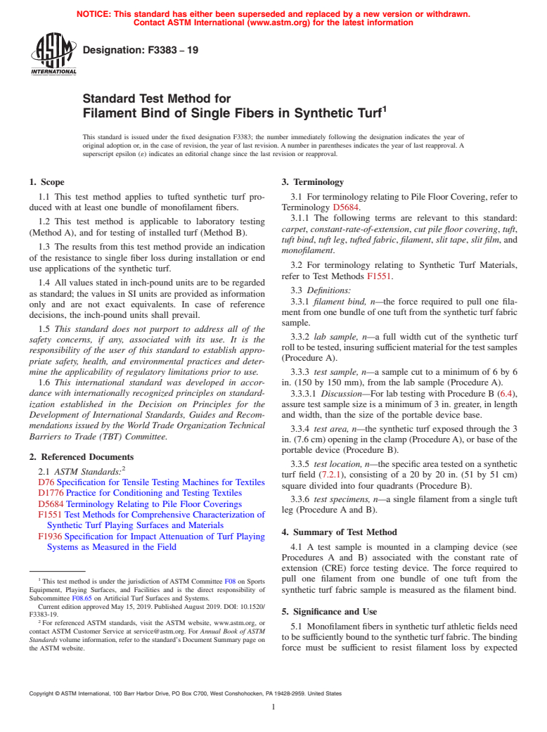 ASTM F3383-19 - Standard Test Method for Filament Bind of Single Fibers in Synthetic Turf