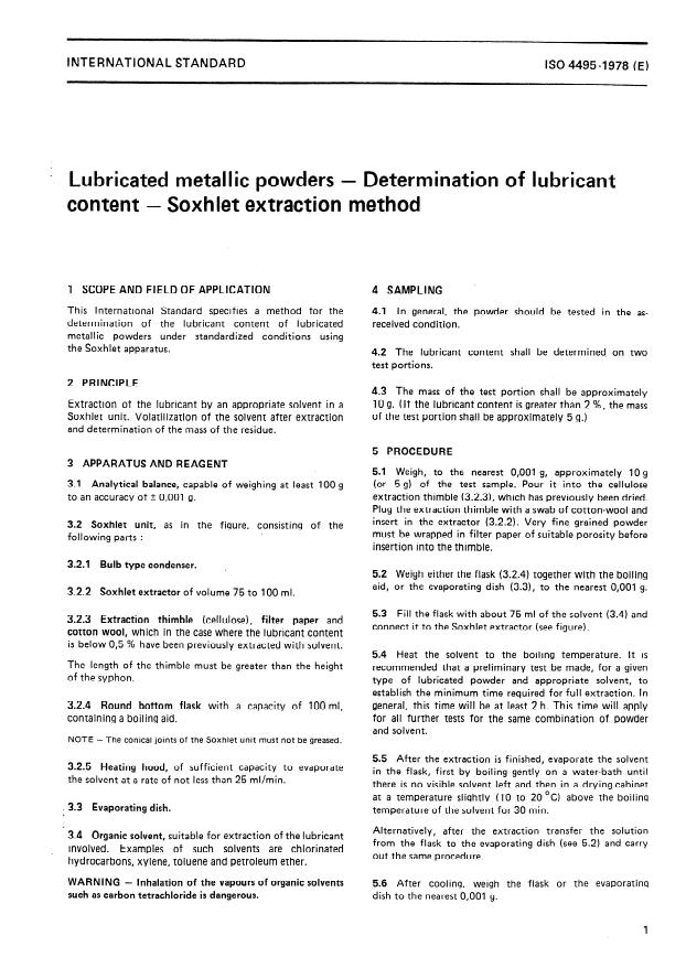 ISO 4495:1978 - Lubricated metallic powders -- Determination of lubricant content -- Soxhlet extraction method
