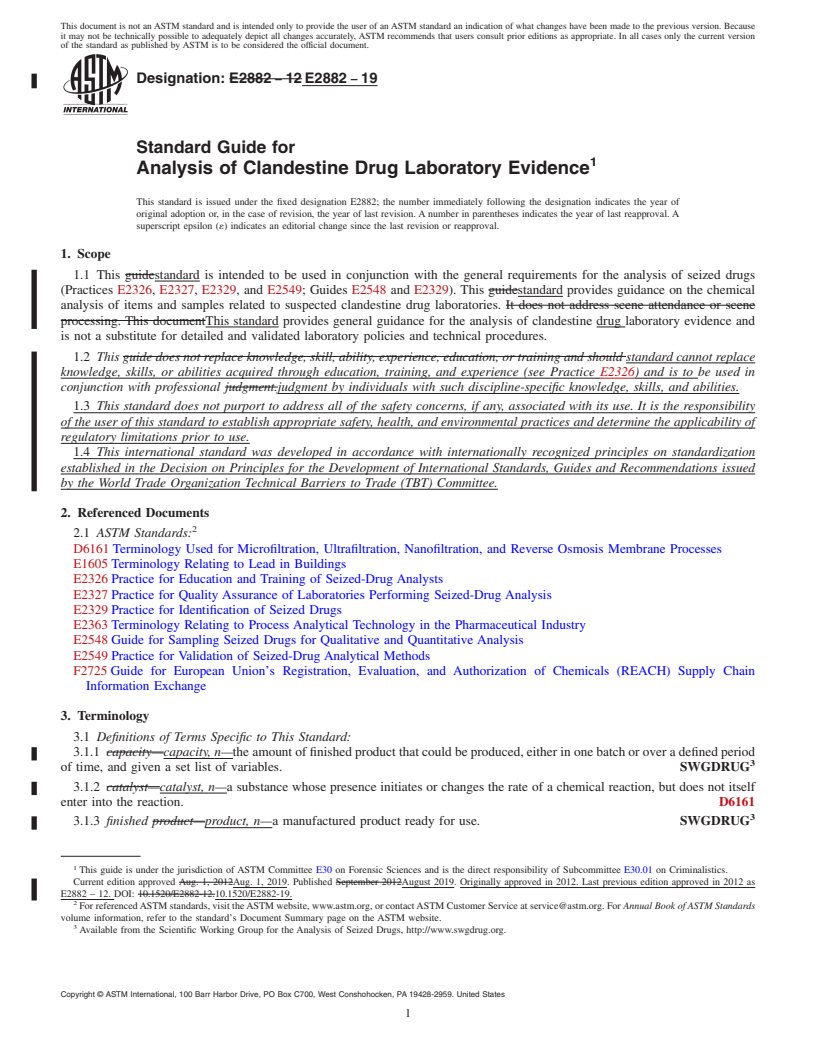 REDLINE ASTM E2882-19 - Standard Guide for Analysis of Clandestine Drug Laboratory Evidence