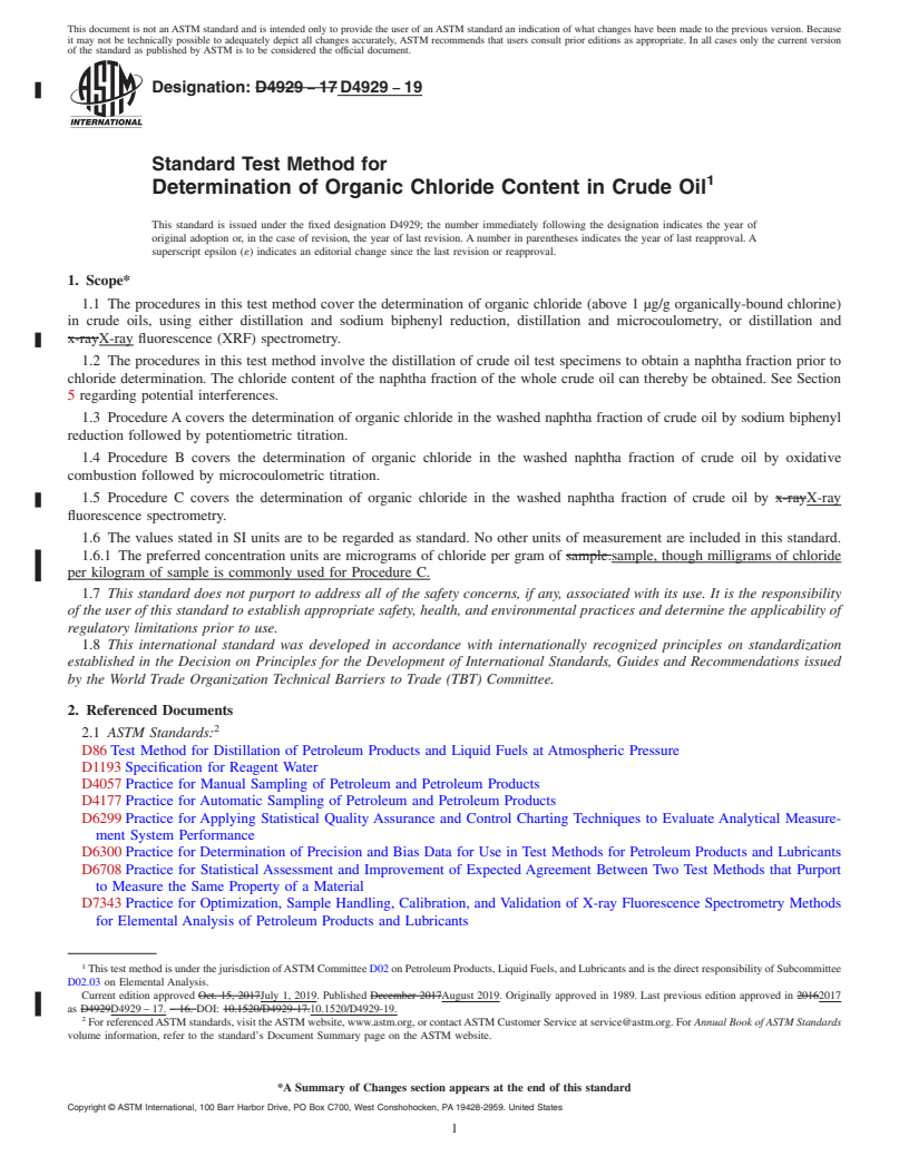 REDLINE ASTM D4929-19 - Standard Test Method for  Determination of Organic Chloride Content in Crude Oil