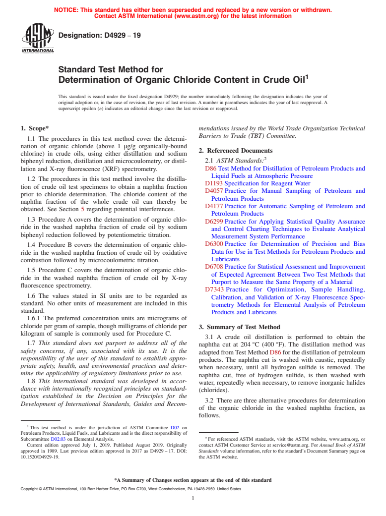 ASTM D4929-19 - Standard Test Method for  Determination of Organic Chloride Content in Crude Oil