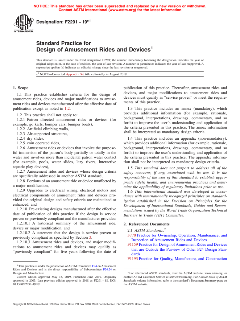 ASTM F2291-19e1 - Standard Practice for Design of Amusement Rides and Devices