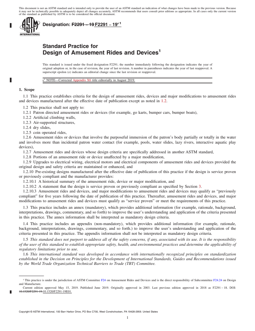 REDLINE ASTM F2291-19e1 - Standard Practice for Design of Amusement Rides and Devices