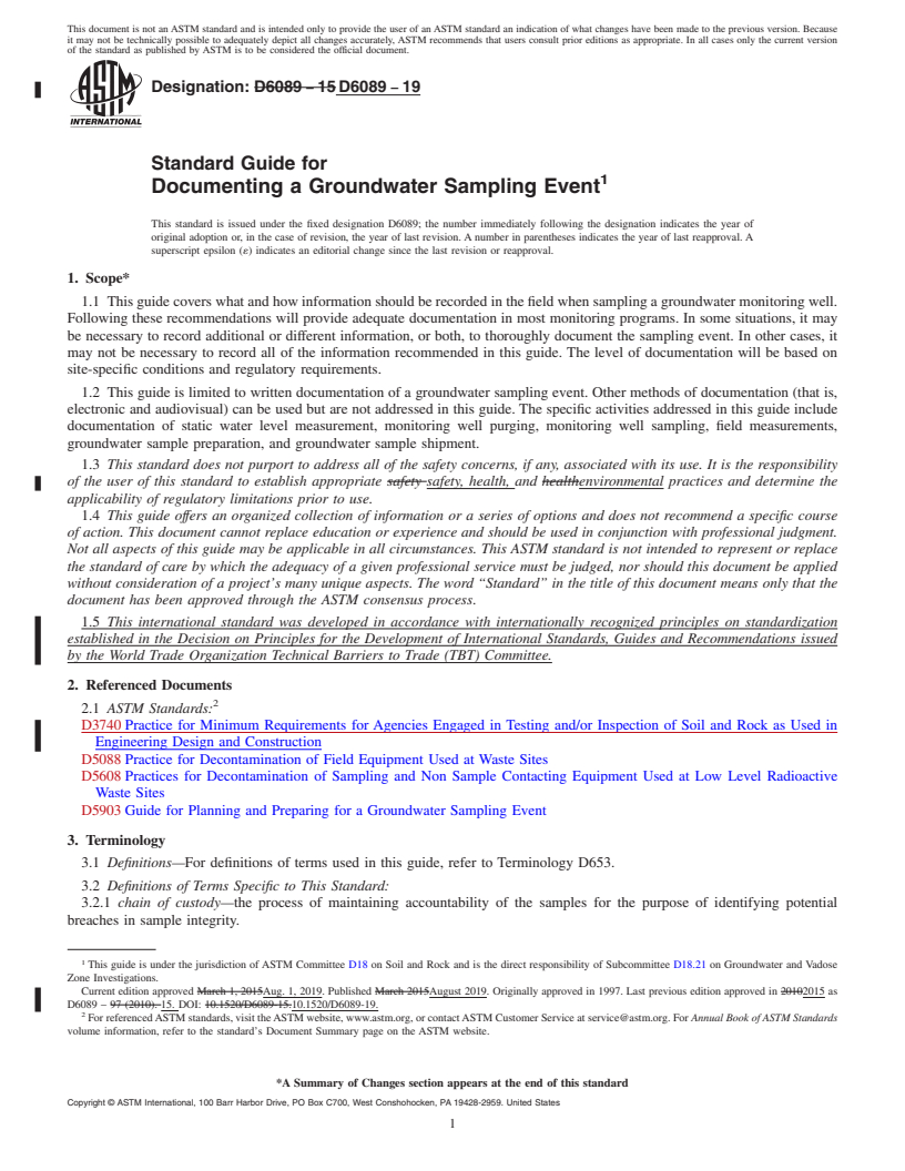 REDLINE ASTM D6089-19 - Standard Guide for  Documenting a Groundwater Sampling Event