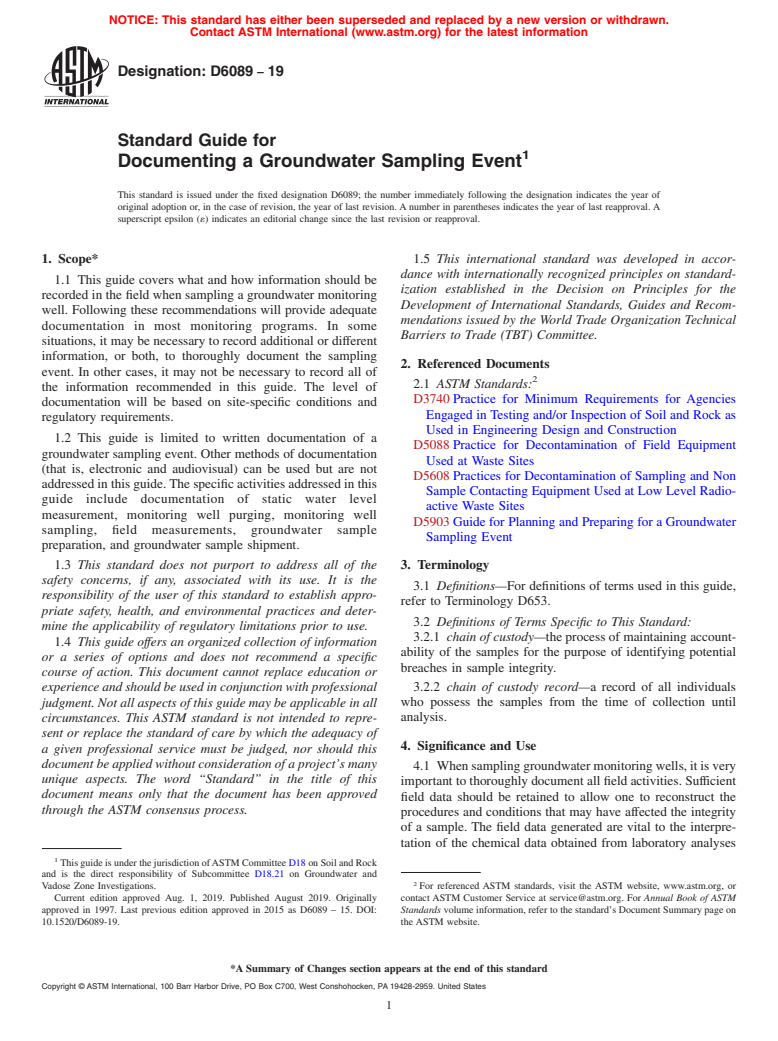 ASTM D6089-19 - Standard Guide for  Documenting a Groundwater Sampling Event