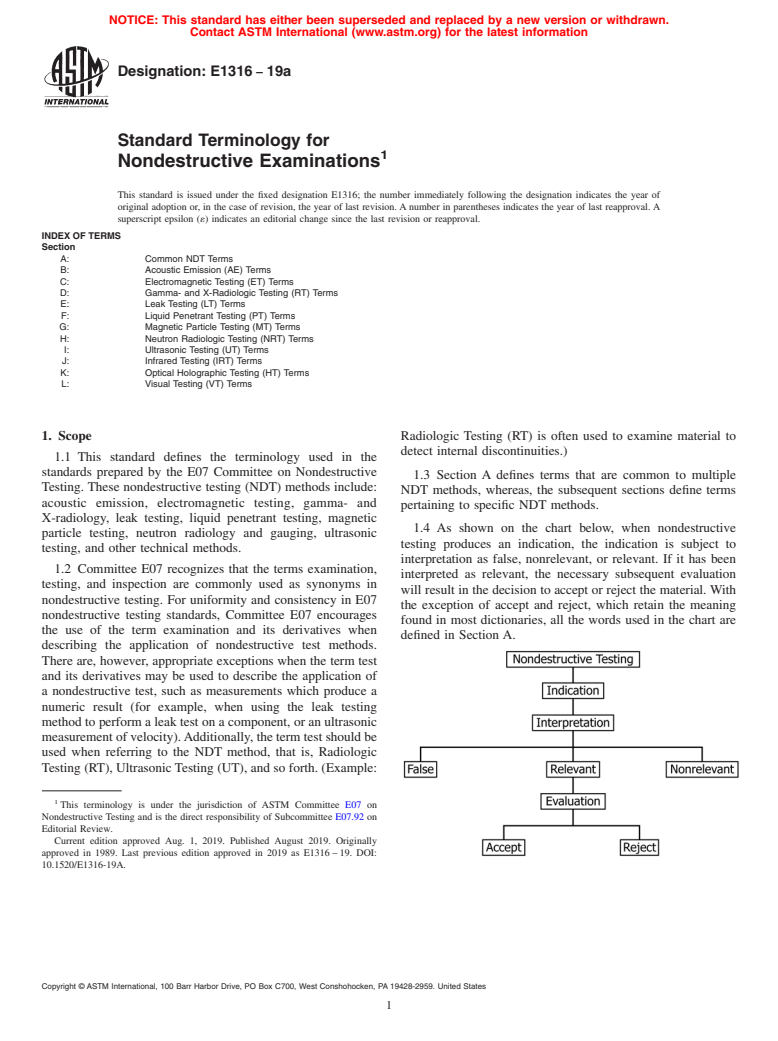 ASTM E1316-19a - Standard Terminology for  Nondestructive Examinations