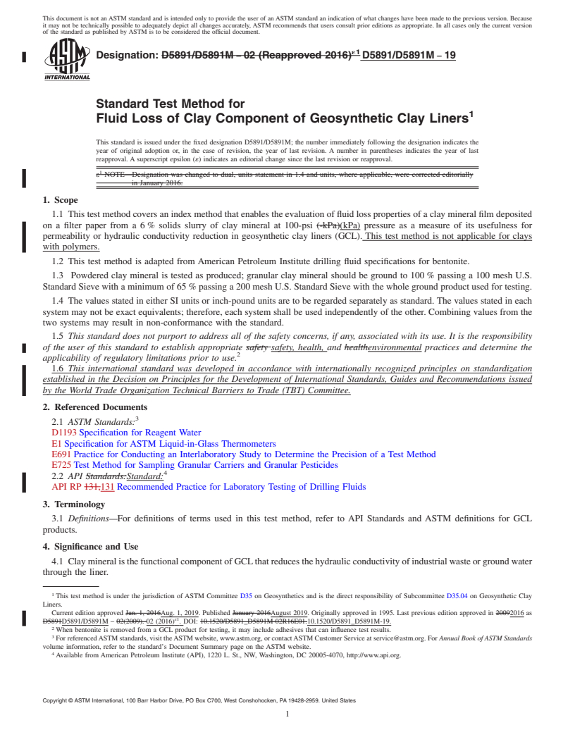 REDLINE ASTM D5891/D5891M-19 - Standard Test Method for Fluid Loss of Clay Component of Geosynthetic Clay Liners