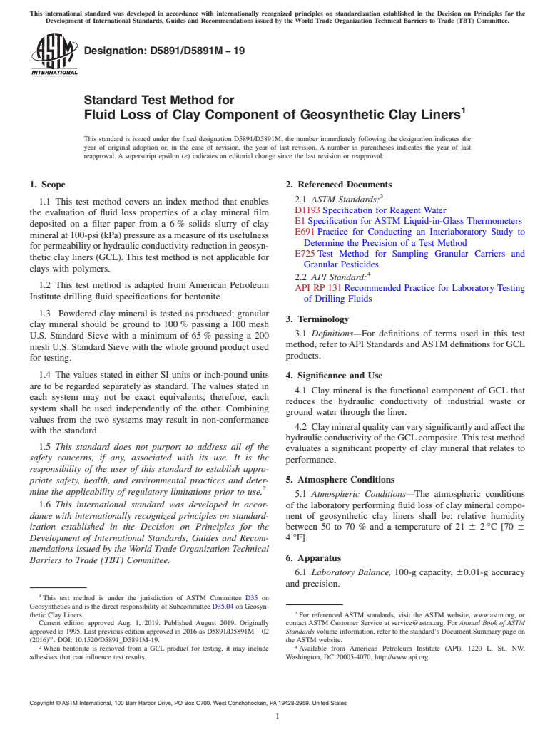 ASTM D5891/D5891M-19 - Standard Test Method for Fluid Loss of Clay Component of Geosynthetic Clay Liners