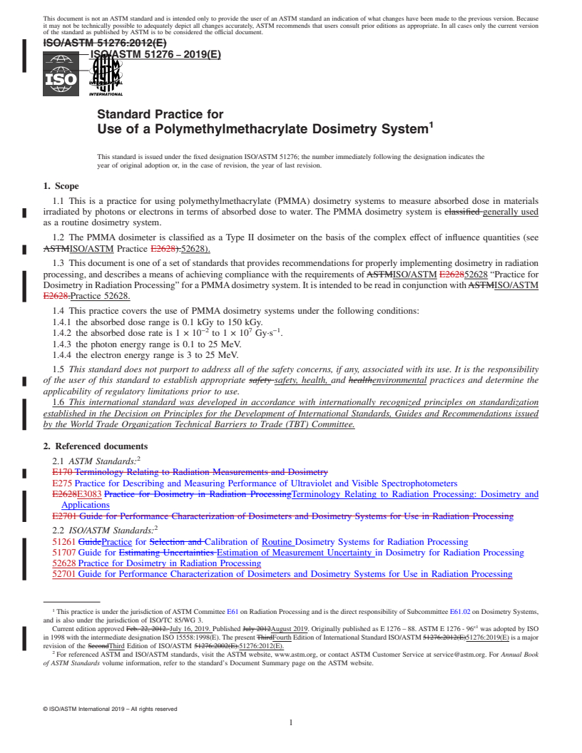 REDLINE ASTM ISO/ASTM51276-19 - Standard Practice for Use of a Polymethylmethacrylate Dosimetry System