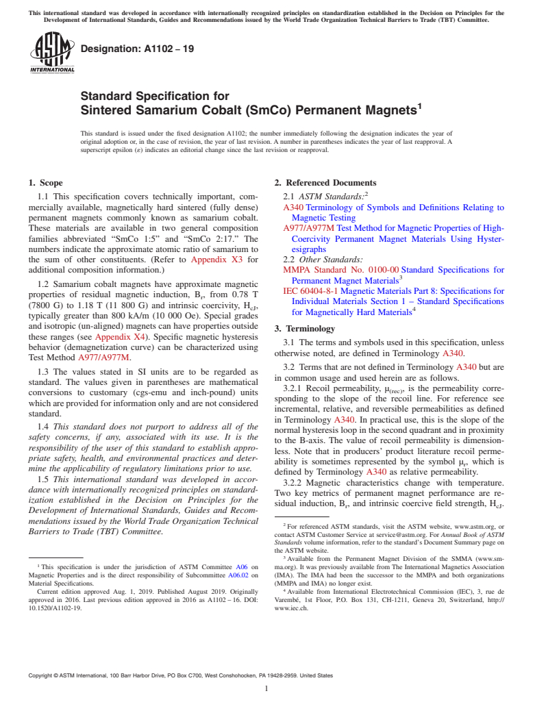 ASTM A1102-19 - Standard Specification for Sintered Samarium Cobalt (SmCo) Permanent Magnets