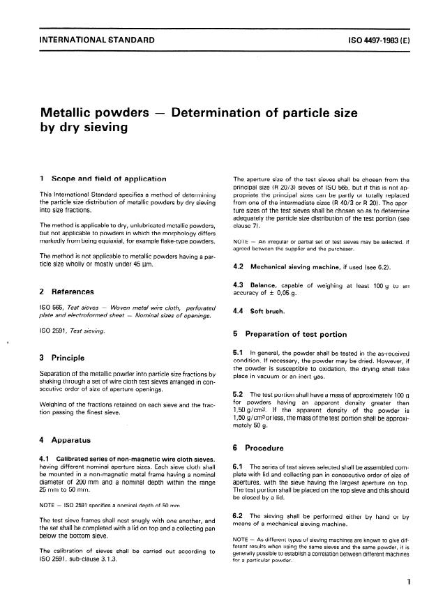 ISO 4497:1983 - Metallic powders -- Determination of particle size by dry sieving