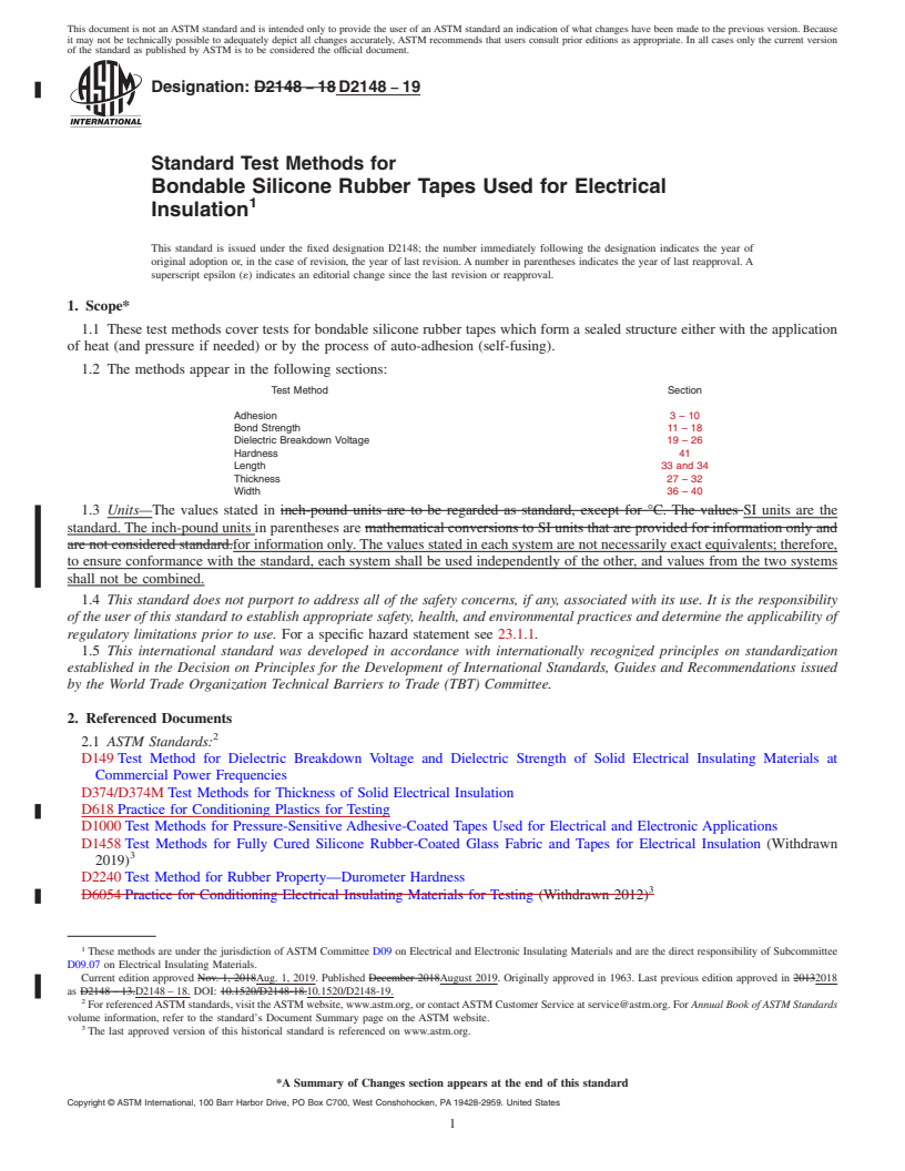 REDLINE ASTM D2148-19 - Standard Test Methods for  Bondable Silicone Rubber Tapes Used for Electrical Insulation