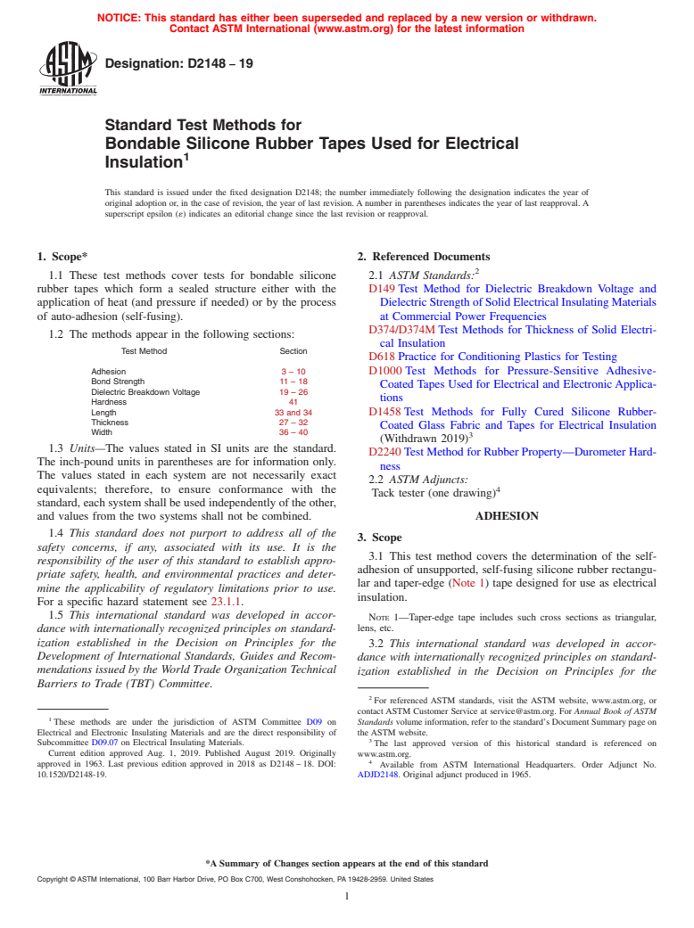 ASTM D2148-19 - Standard Test Methods for  Bondable Silicone Rubber Tapes Used for Electrical Insulation