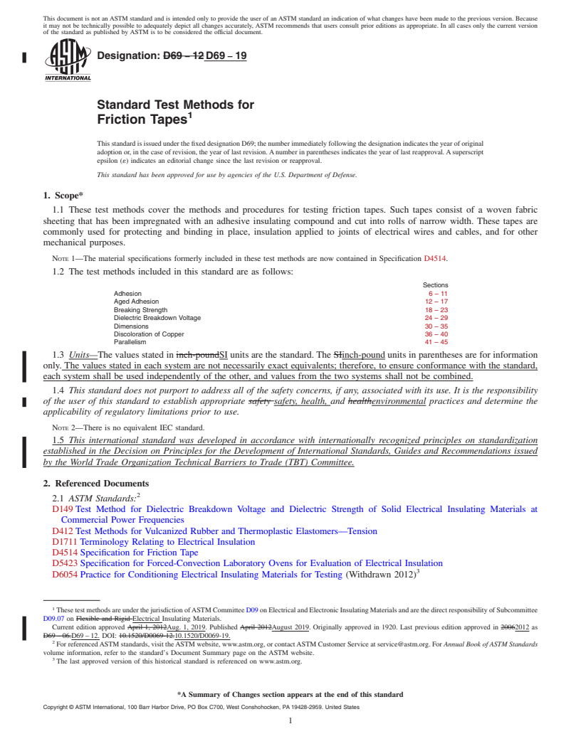 REDLINE ASTM D69-19 - Standard Test Methods for  Friction Tapes